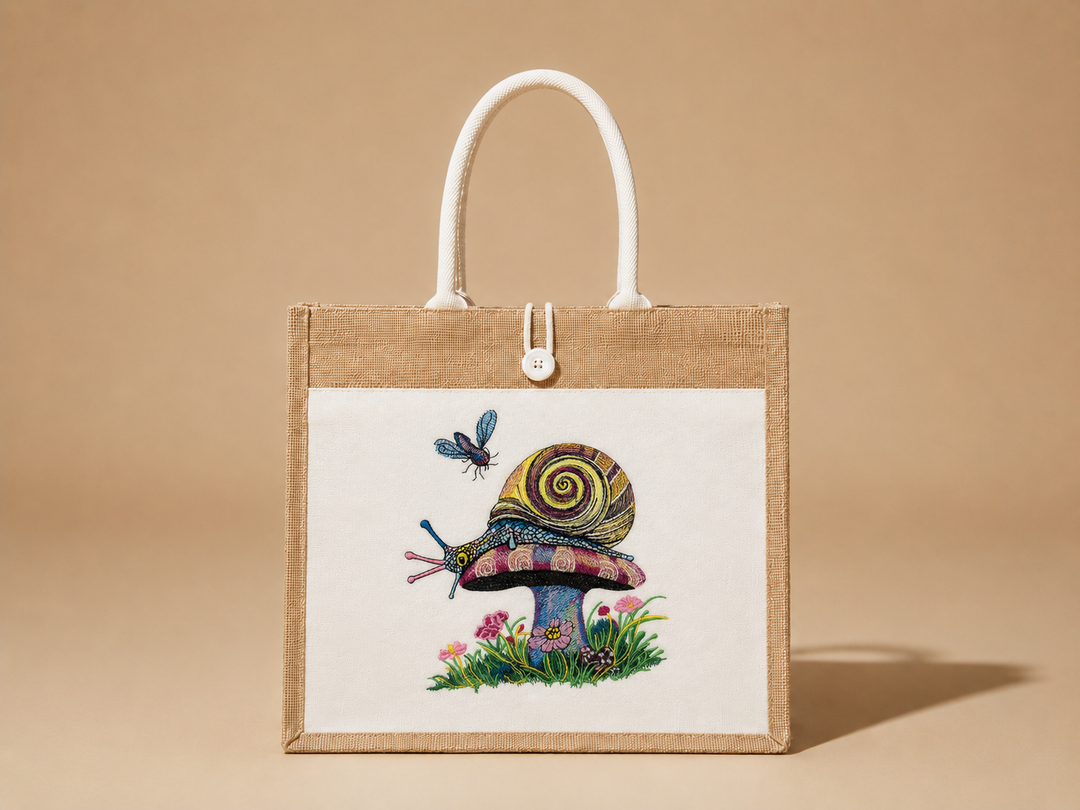 Garden Snail Machine Embroidered Jute Tote – Hand Finished in Dubai | EmbroMania