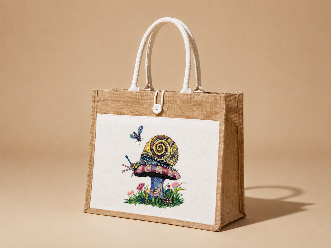 Garden Snail Machine Embroidered Jute Tote – Hand Finished in Dubai | EmbroMania
