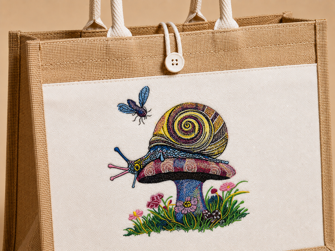 Garden Snail Machine Embroidered Jute Tote – Hand Finished in Dubai | EmbroMania