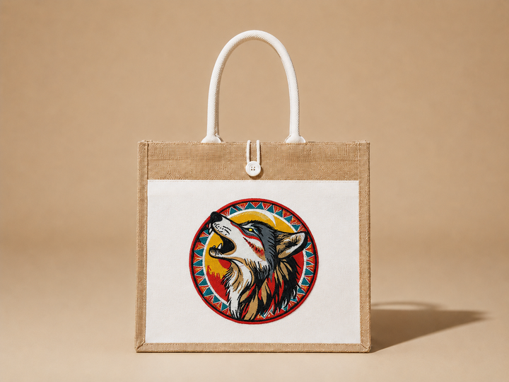 Howling Wolf Machine Embroidered Jute Tote – Hand Finished in Dubai | EmbroMania