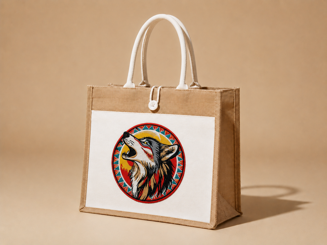 Howling Wolf Machine Embroidered Jute Tote – Hand Finished in Dubai | EmbroMania