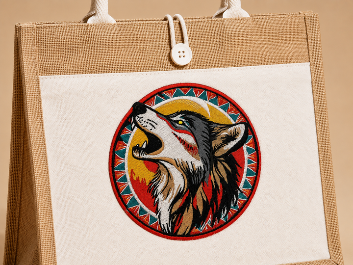 Howling Wolf Machine Embroidered Jute Tote – Hand Finished in Dubai | EmbroMania