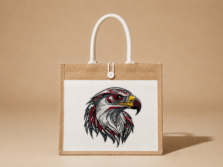 Falcon Portrait Machine Embroidered Jute Tote – Hand Finished in Dubai | EmbroMania