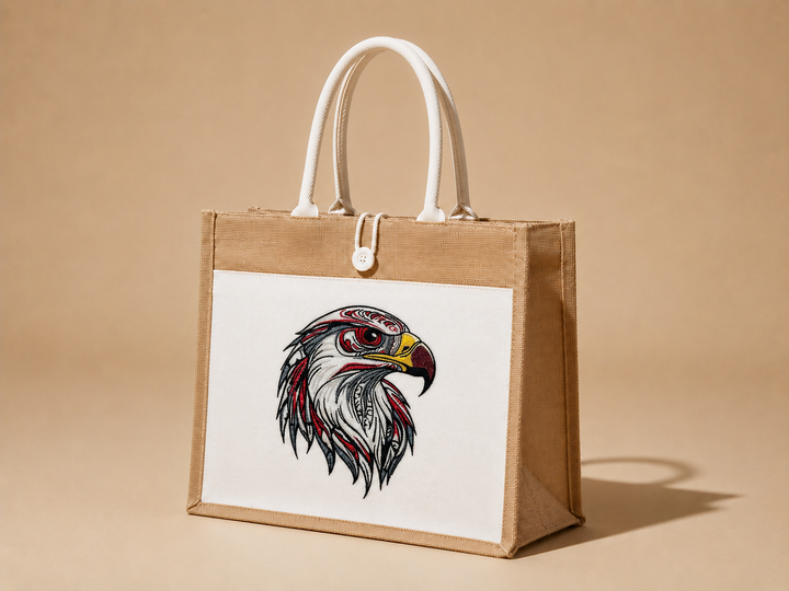Falcon Portrait Machine Embroidered Jute Tote – Hand Finished in Dubai | EmbroMania