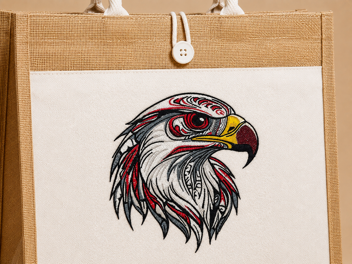 Falcon Portrait Machine Embroidered Jute Tote – Hand Finished in Dubai | EmbroMania