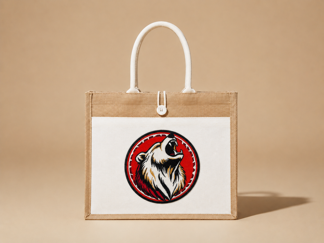 Woodland Bear Machine Embroidered Jute Tote – Hand Finished in Dubai | EmbroMania
