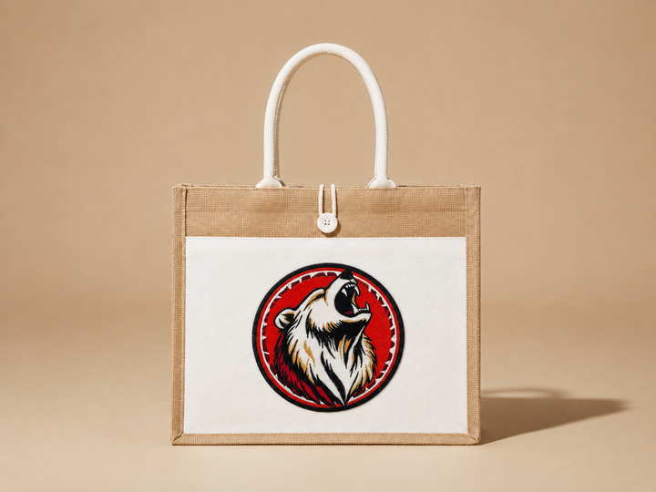 Woodland Bear Machine Embroidered Jute Tote – Hand Finished in Dubai | EmbroMania