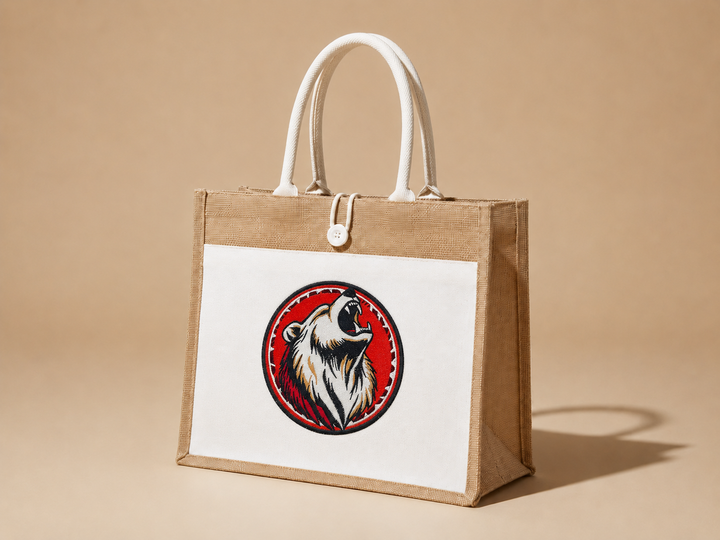 Woodland Bear Machine Embroidered Jute Tote – Hand Finished in Dubai | EmbroMania