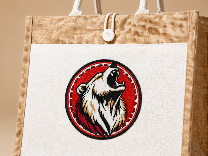Woodland Bear Machine Embroidered Jute Tote – Hand Finished in Dubai | EmbroMania