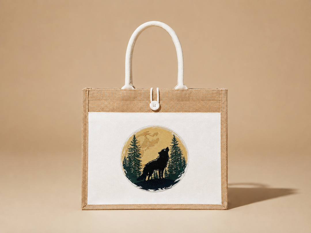 Mystic Wolf Machine Embroidered Jute Tote – Hand Finished in Dubai | EmbroMania