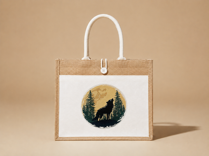 Mystic Wolf Machine Embroidered Jute Tote – Hand Finished in Dubai | EmbroMania