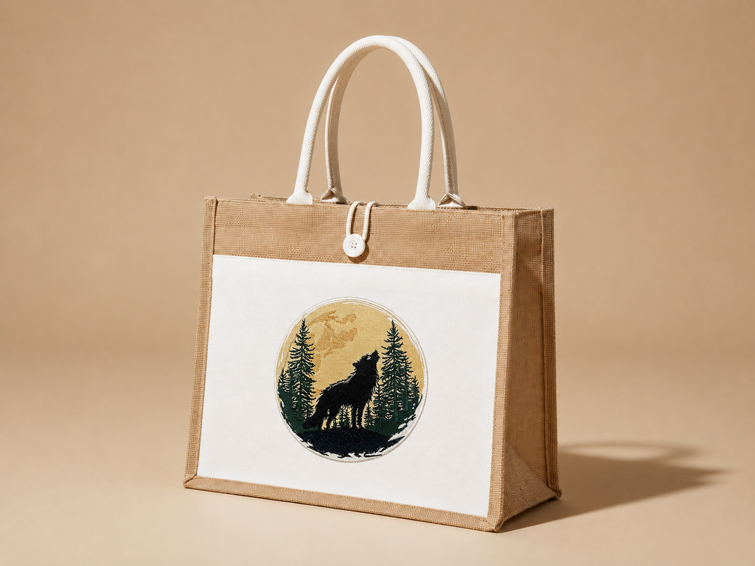 Mystic Wolf Machine Embroidered Jute Tote – Hand Finished in Dubai | EmbroMania
