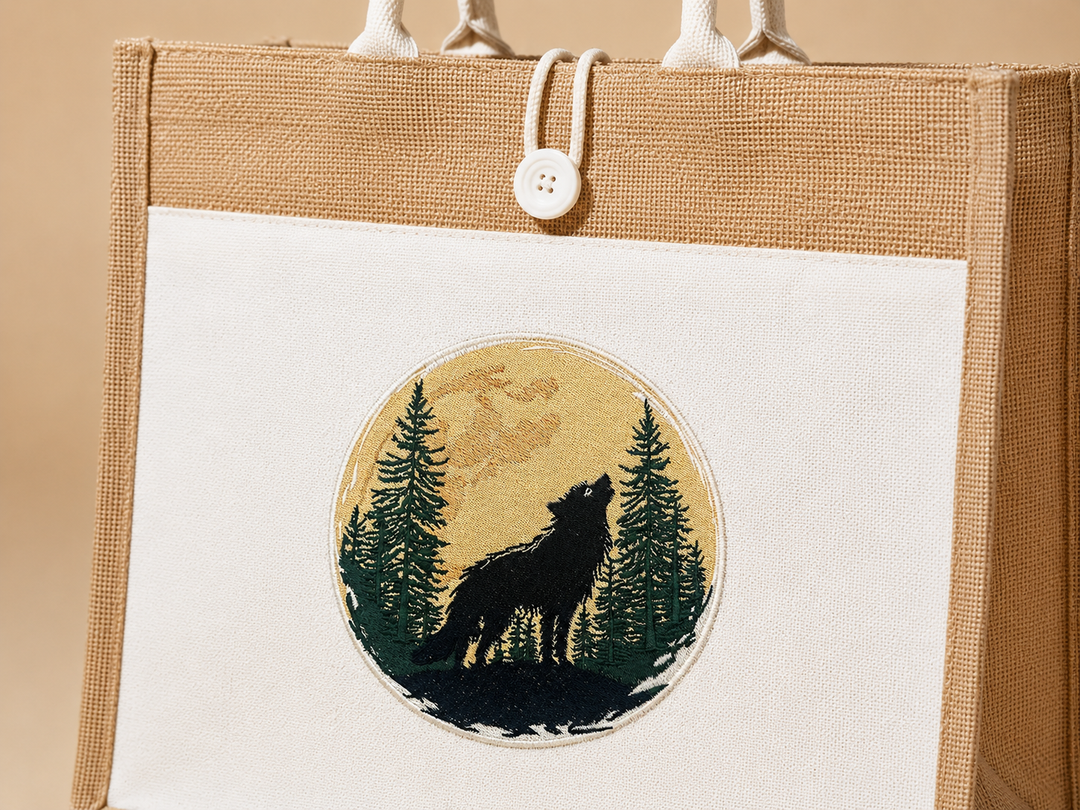 Mystic Wolf Machine Embroidered Jute Tote – Hand Finished in Dubai | EmbroMania