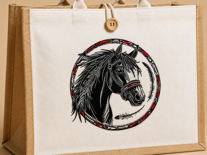 Free Spirit Horse Machine Embroidered Jute Tote – Hand Finished in Dubai | EmbroMania
