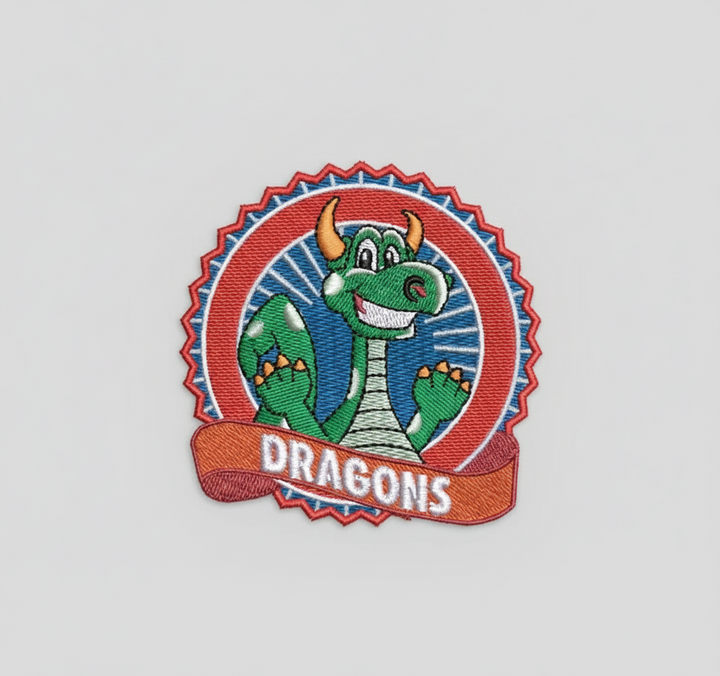 Embroidered “DRAGONS” badge patch featuring a smiling green cartoon dragon with small horns and raised paws inside a red and blue circular emblem with a ribbon banner, stitched on a light background, original EmbroMania artwork.