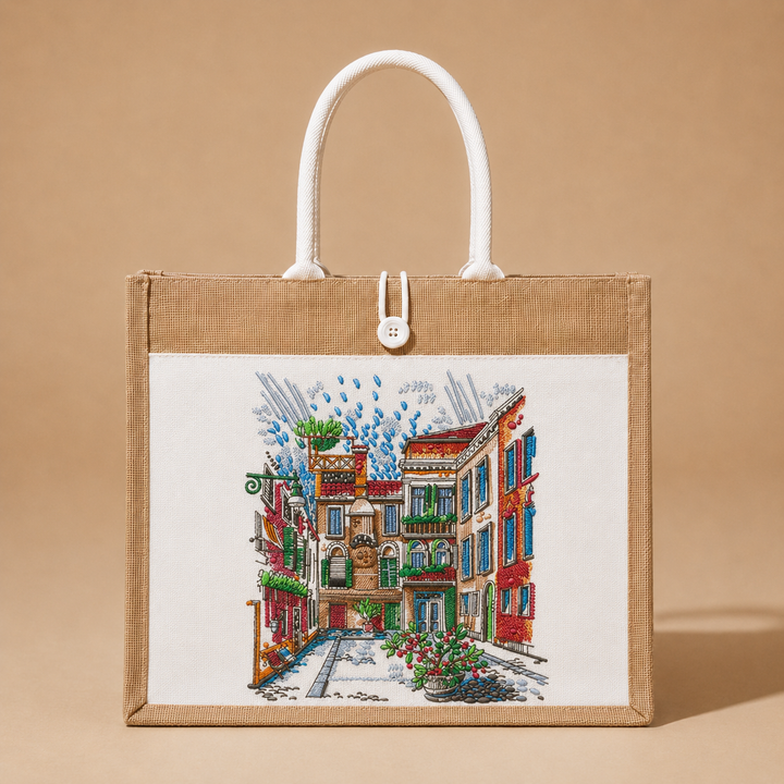 Tote bag with a colorful street scene design on a beige background