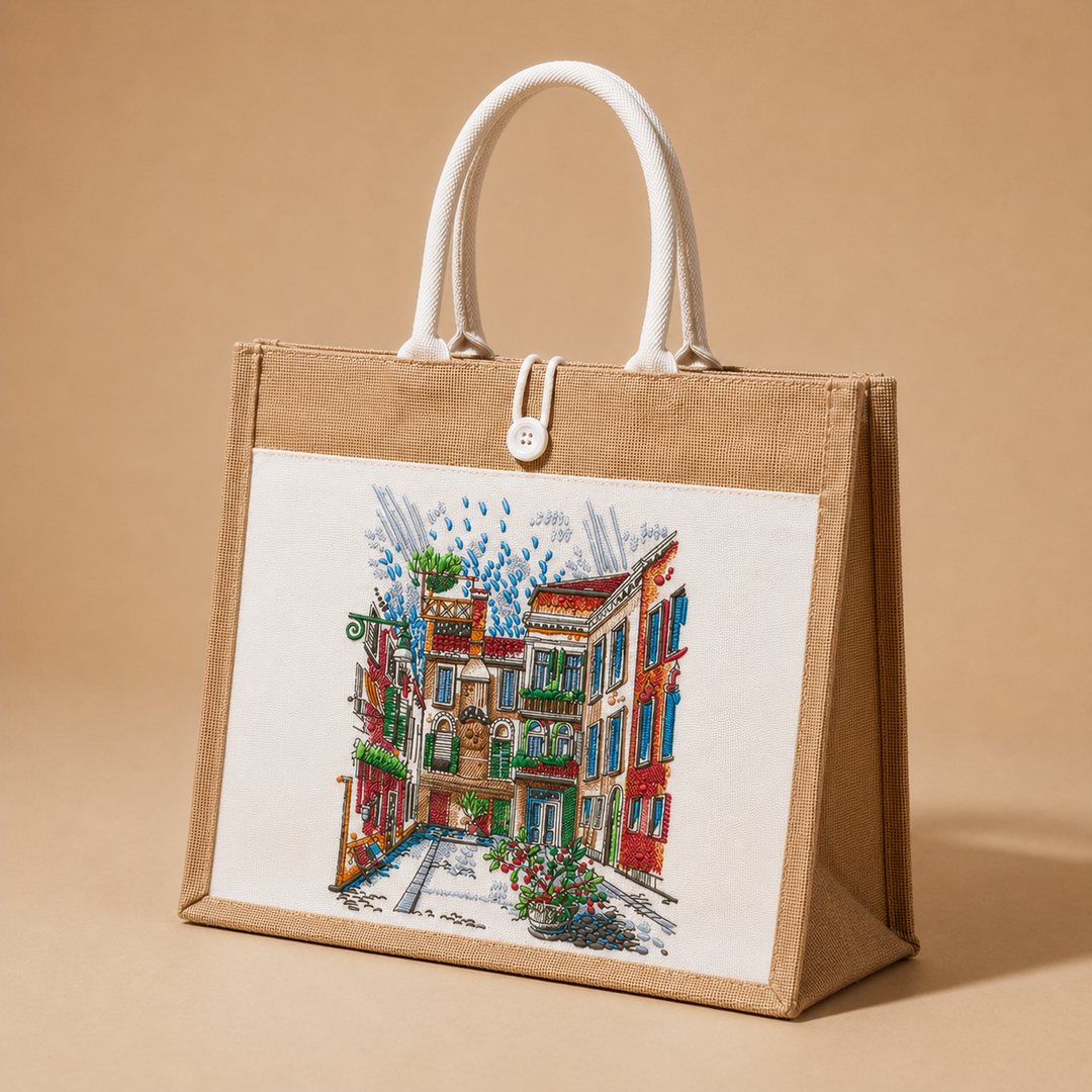 Jute bag with a colorful street scene print on a beige background