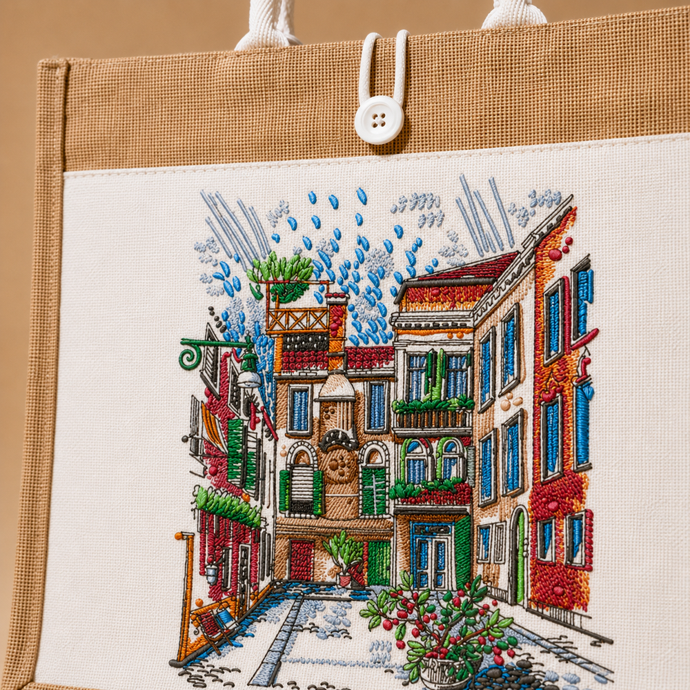 Embroidery of a colorful street scene on a beige bag with a button closure.
