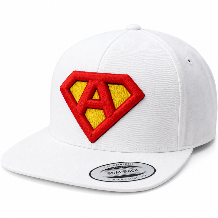 Classic Hero – White Snapback with Red 3D Puff Superman Shield Initial | Hand Finished in Dubai | EmbroMania