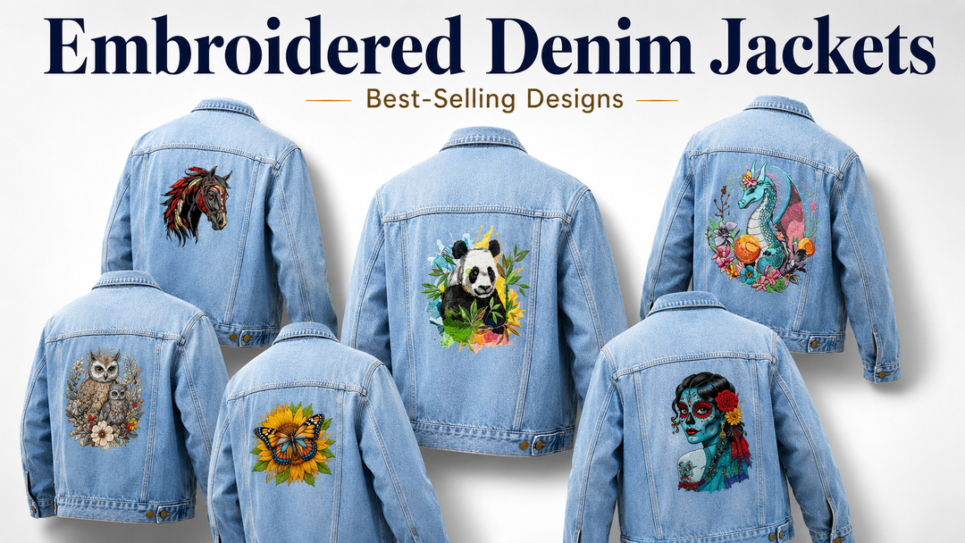 Collection of embroidered denim jackets with various designs on a white background