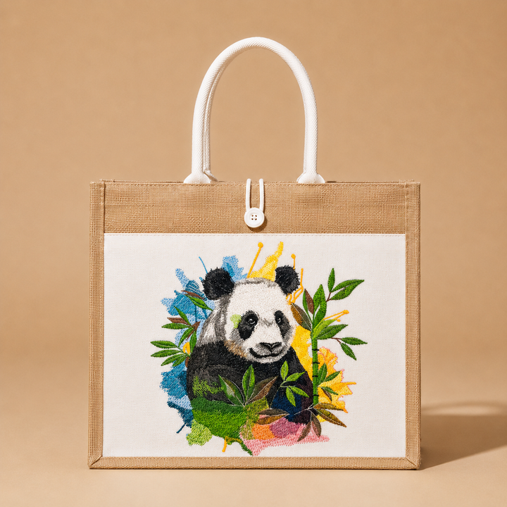 Tote bag with a panda design on a beige background
