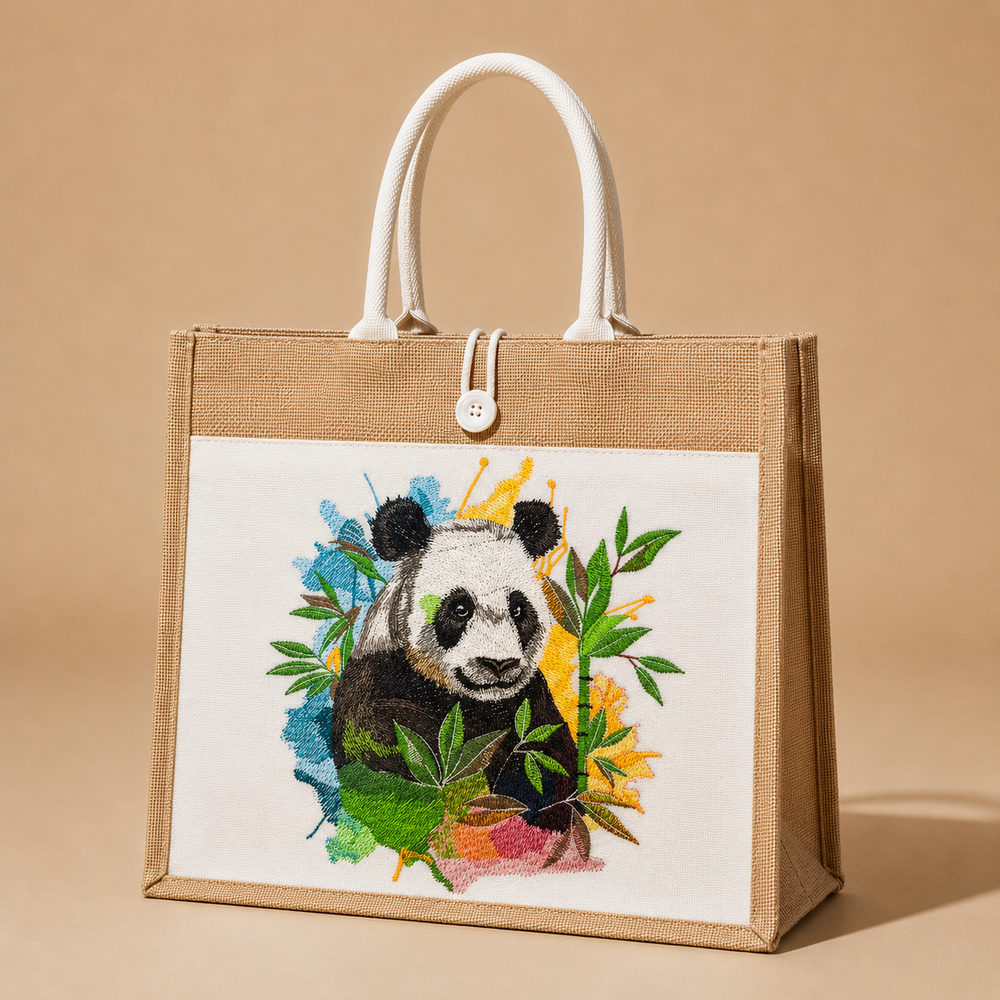 Jute bag with a panda design on a beige background
