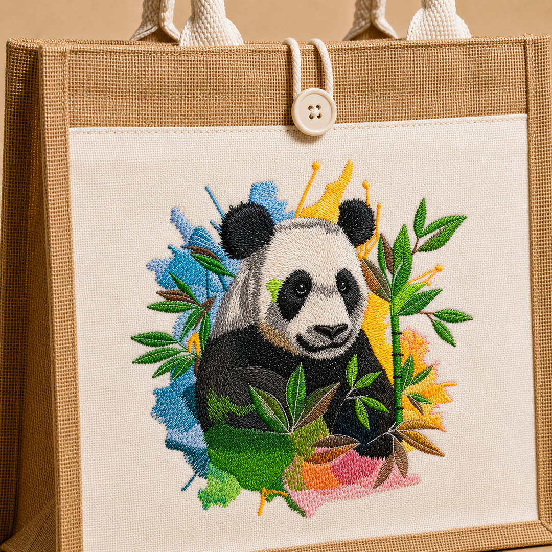 Embroidered panda design on a fabric bag with a button closure.