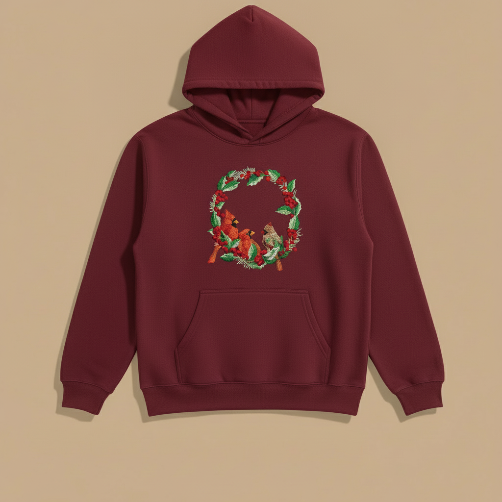 Cardinal Wreath — Premium Embroidered Collection | Hoodie • Sweatshirt • Jute Tote | Original EmbroMania Design