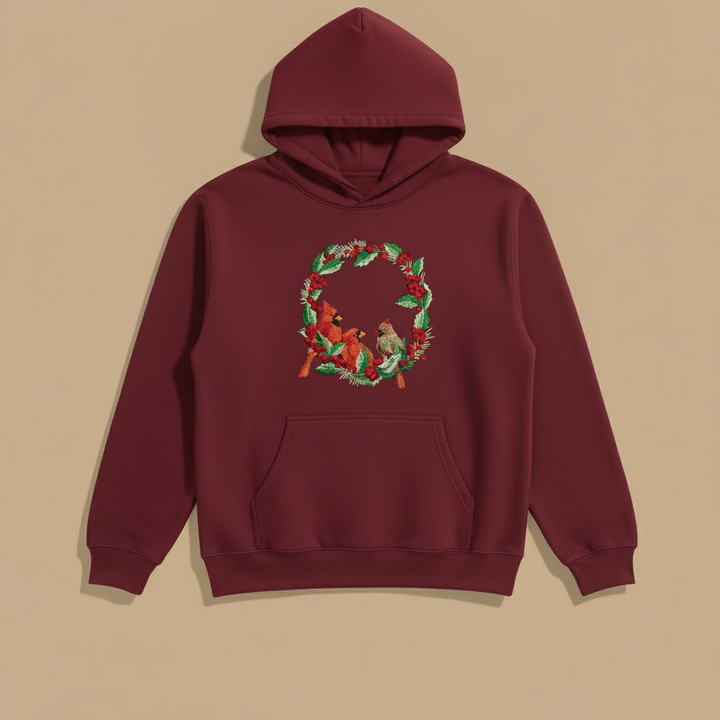 Cardinal Wreath — Premium Embroidered Collection | Hoodie • Sweatshirt • Jute Tote | Original EmbroMania Design