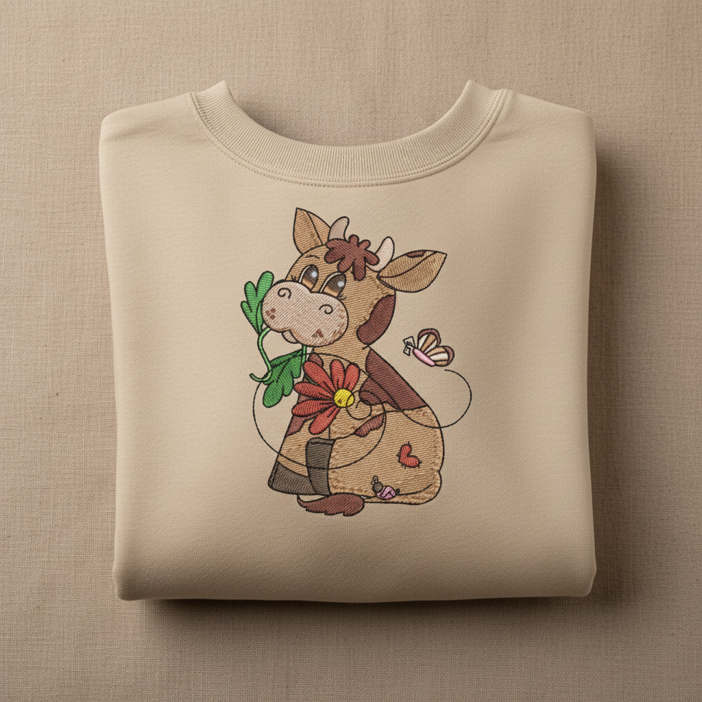 Cow &amp; Butterfly — Premium Embroidered Collection | Hoodie • Sweatshirt • Jute Tote | Original EmbroMania Design