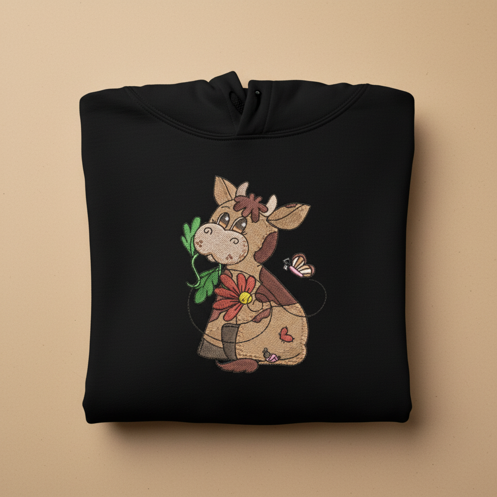 Cow &amp; Butterfly — Premium Embroidered Collection | Hoodie • Sweatshirt • Jute Tote | Original EmbroMania Design
