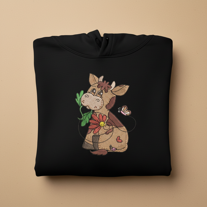 Cow &amp; Butterfly — Premium Embroidered Collection | Hoodie • Sweatshirt • Jute Tote | Original EmbroMania Design