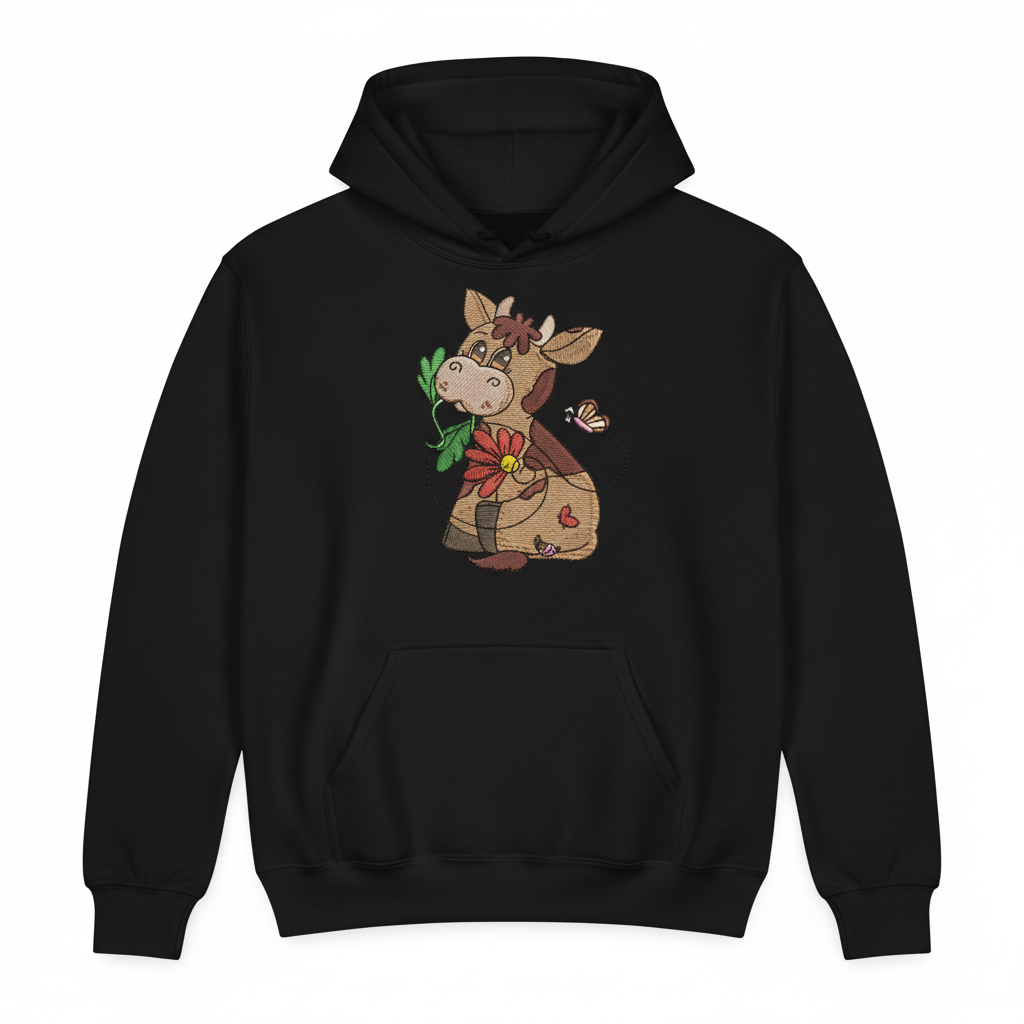Cow &amp; Butterfly — Premium Embroidered Collection | Hoodie • Sweatshirt • Jute Tote | Original EmbroMania Design