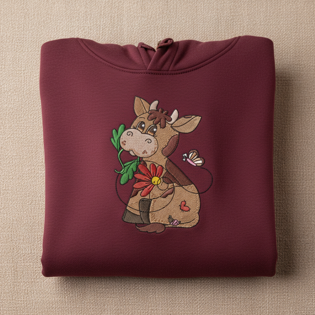 Cow &amp; Butterfly — Premium Embroidered Collection | Hoodie • Sweatshirt • Jute Tote | Original EmbroMania Design