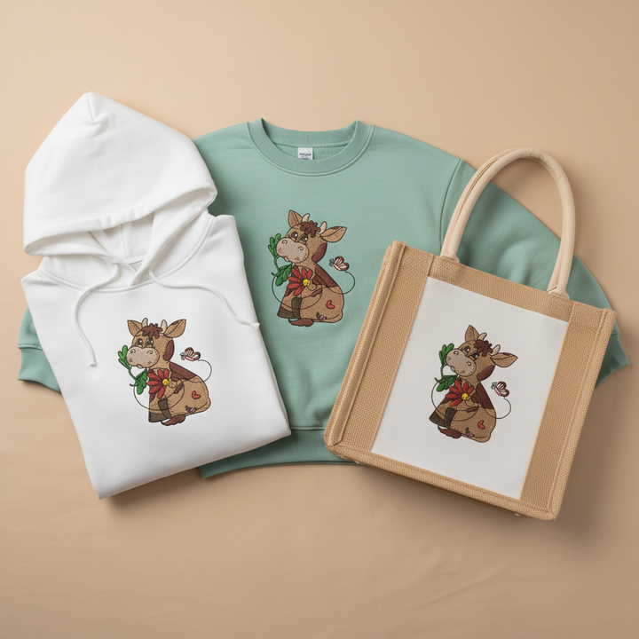Cow &amp; Butterfly — Premium Embroidered Collection | Hoodie • Sweatshirt • Jute Tote | Original EmbroMania Design