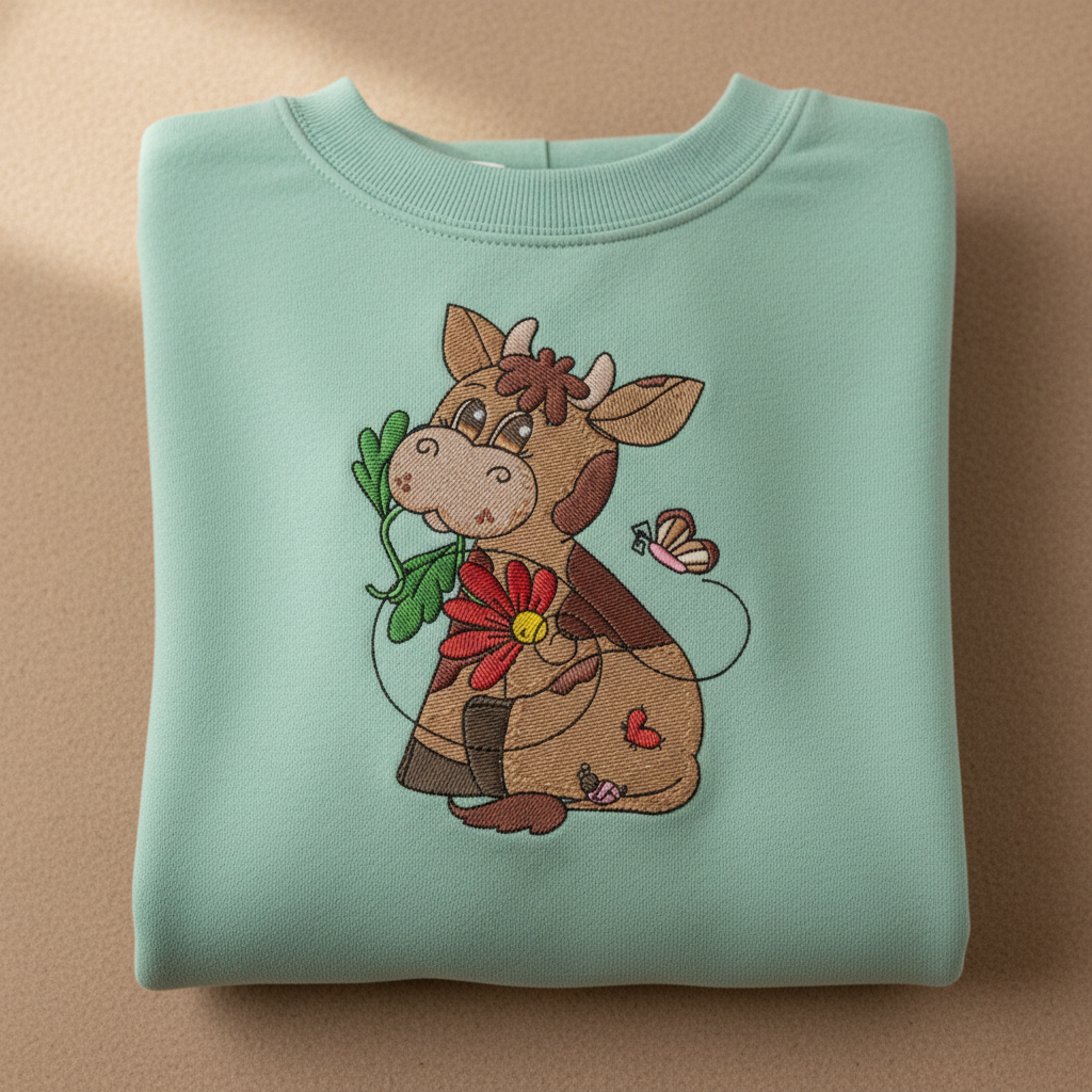 Cow &amp; Butterfly — Premium Embroidered Collection | Hoodie • Sweatshirt • Jute Tote | Original EmbroMania Design