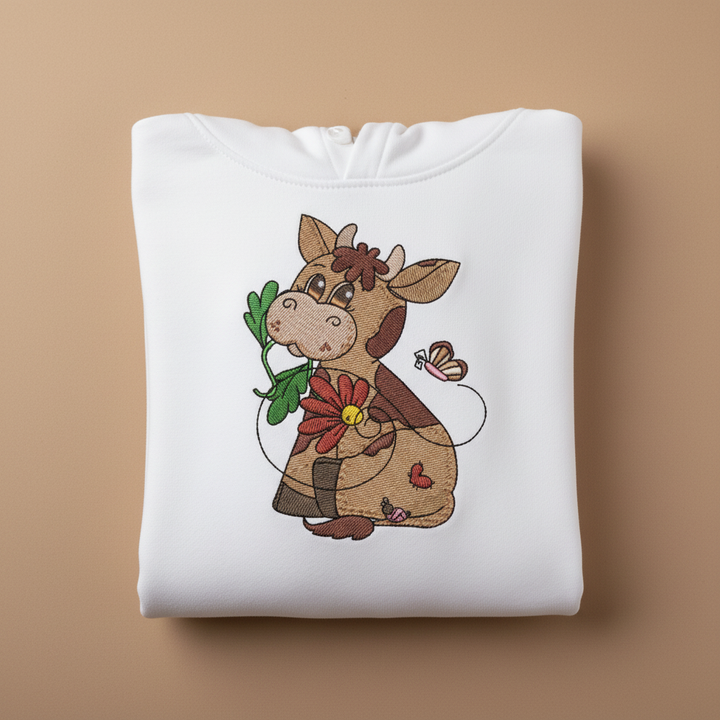 Cow &amp; Butterfly — Premium Embroidered Collection | Hoodie • Sweatshirt • Jute Tote | Original EmbroMania Design