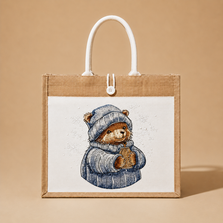 Tote bag with a bear illustration on a beige background