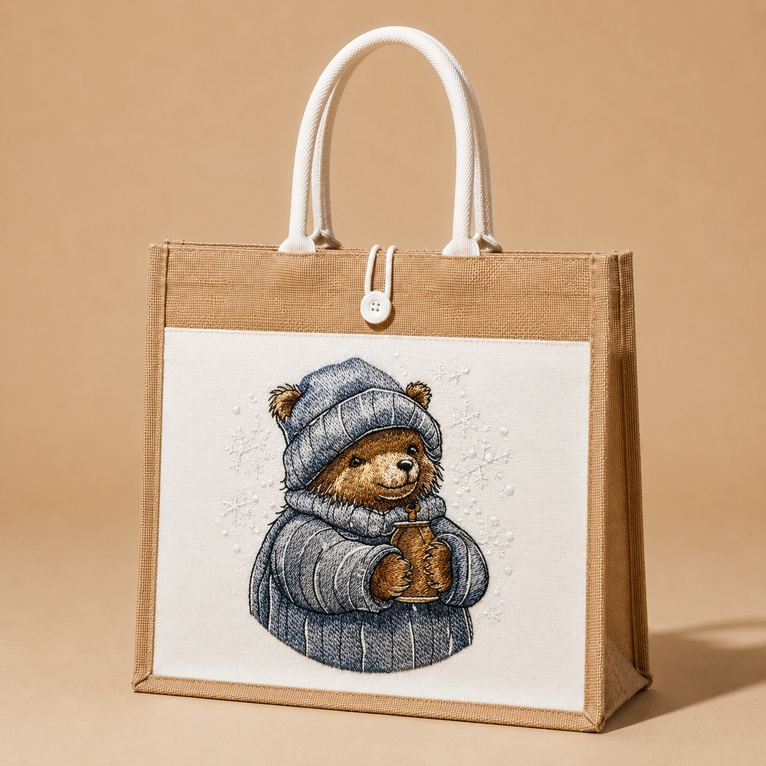 Jute bag with a teddy bear illustration on a beige background