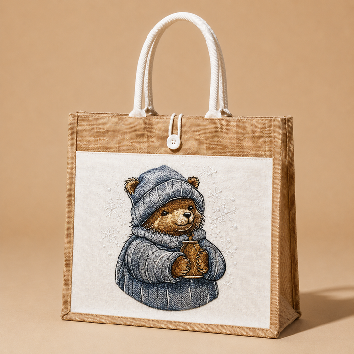 Jute bag with a teddy bear illustration on a beige background