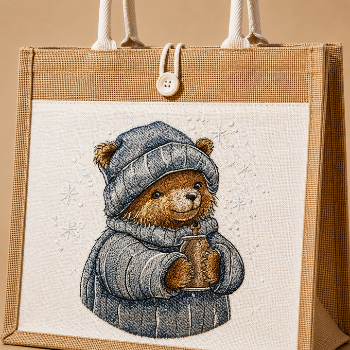 Tote bag with a teddy bear design holding a hot chocolate cup on a beige background