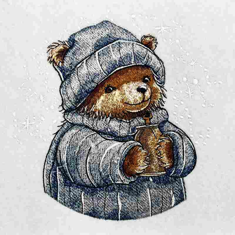 Teddy bear in winter clothing holding a cup on a snowy background