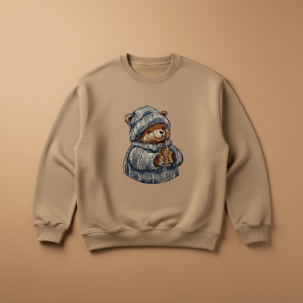 Cozy Cocoa Bear Machine Embroidered Sweatshirt – Hand Finished in Dubai | EmbroMania