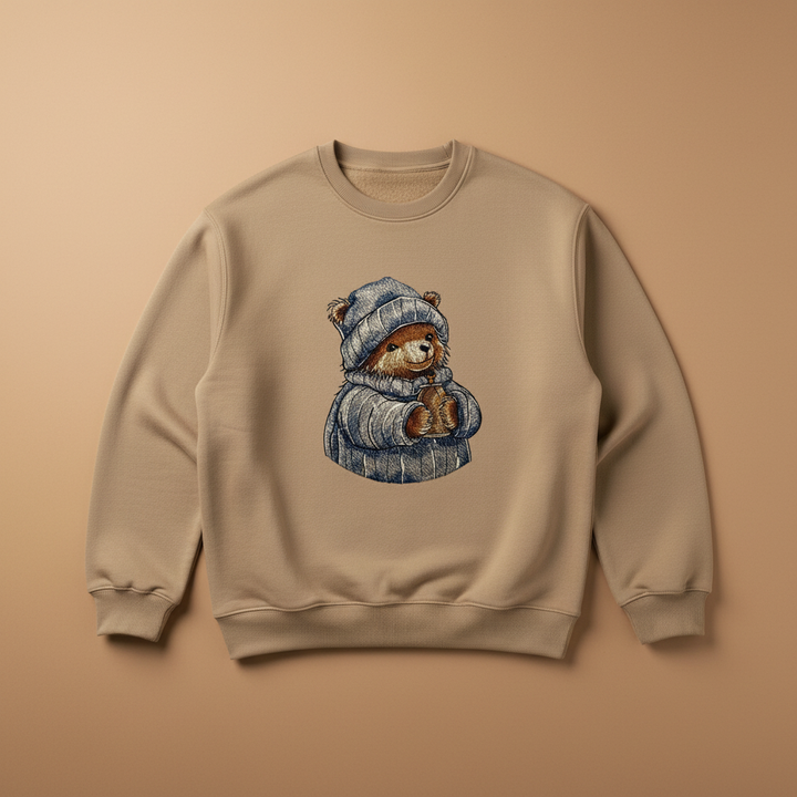 Cozy Cocoa Bear Machine Embroidered Sweatshirt – Hand Finished in Dubai | EmbroMania