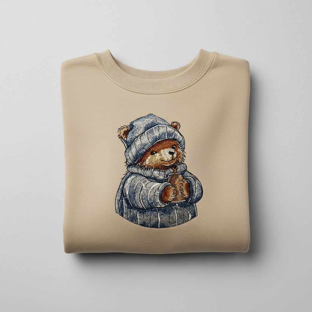 Cozy Cocoa Bear Machine Embroidered Sweatshirt – Hand Finished in Dubai | EmbroMania