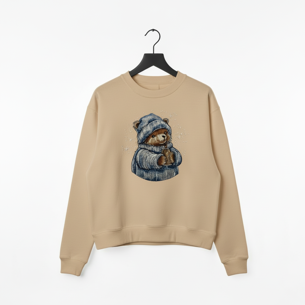 Cozy Cocoa Bear Machine Embroidered Sweatshirt – Hand Finished in Dubai | EmbroMania