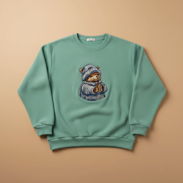 Cozy Cocoa Bear Machine Embroidered Sweatshirt – Hand Finished in Dubai | EmbroMania