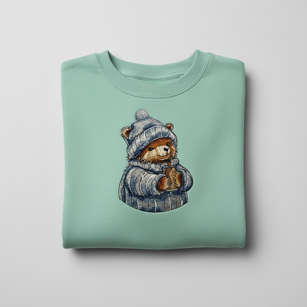 Cozy Cocoa Bear Machine Embroidered Sweatshirt – Hand Finished in Dubai | EmbroMania