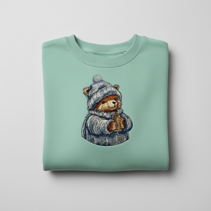 Cozy Cocoa Bear Machine Embroidered Sweatshirt – Hand Finished in Dubai | EmbroMania