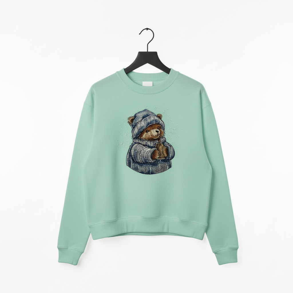 Cozy Cocoa Bear Machine Embroidered Sweatshirt – Hand Finished in Dubai | EmbroMania